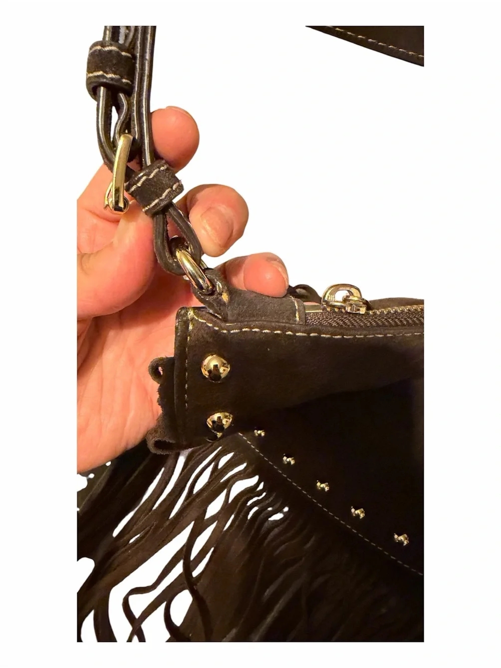 Michael Kors Brown Suede Fringe Crossbody with Gold MK Charm